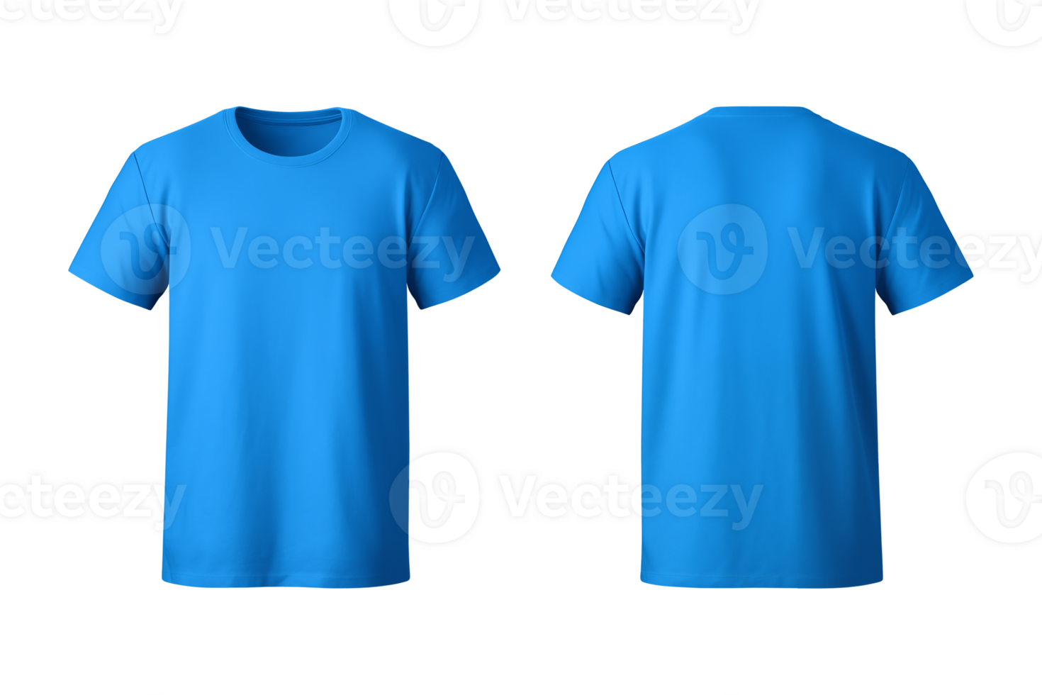 AI generated realistic set of male blue t-shirts mockup front and back view isolated on a transparent background, cut out png