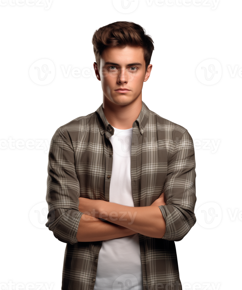 AI generated a young man standing with arms crossed facing the camera isolated on a transparent background png