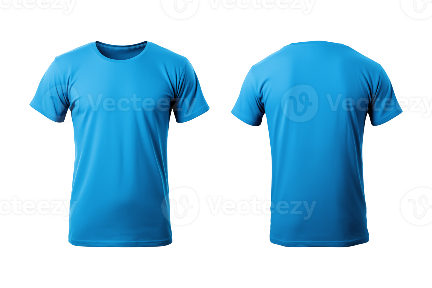 AI generated realistic set of male blue t-shirts mockup front and back view isolated on a transparent background, cut out png