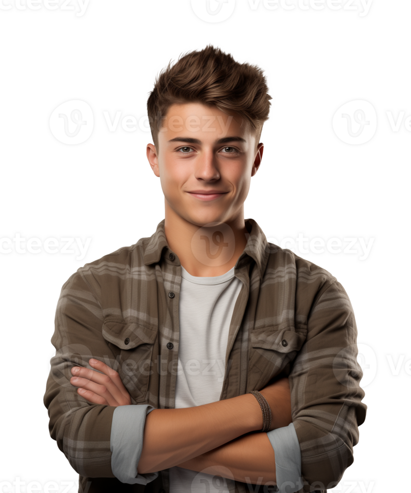 AI generated a young man standing with arms crossed facing the camera isolated on a transparent background png