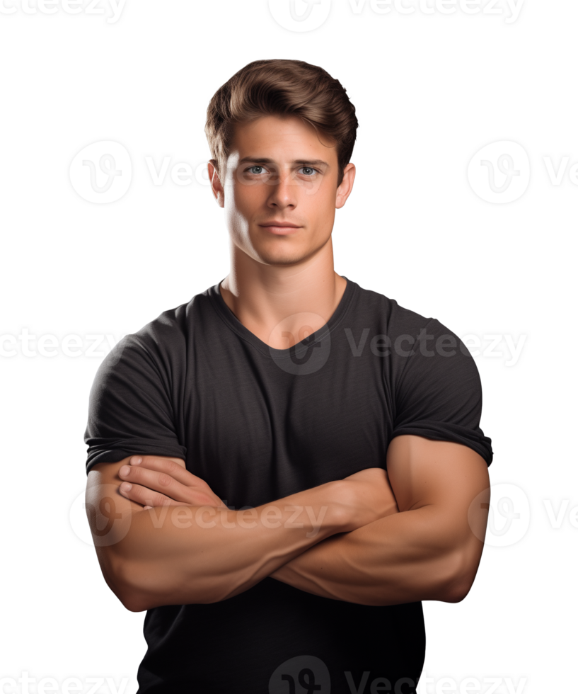 AI generated a young man standing with arms crossed facing the camera isolated on a transparent background png