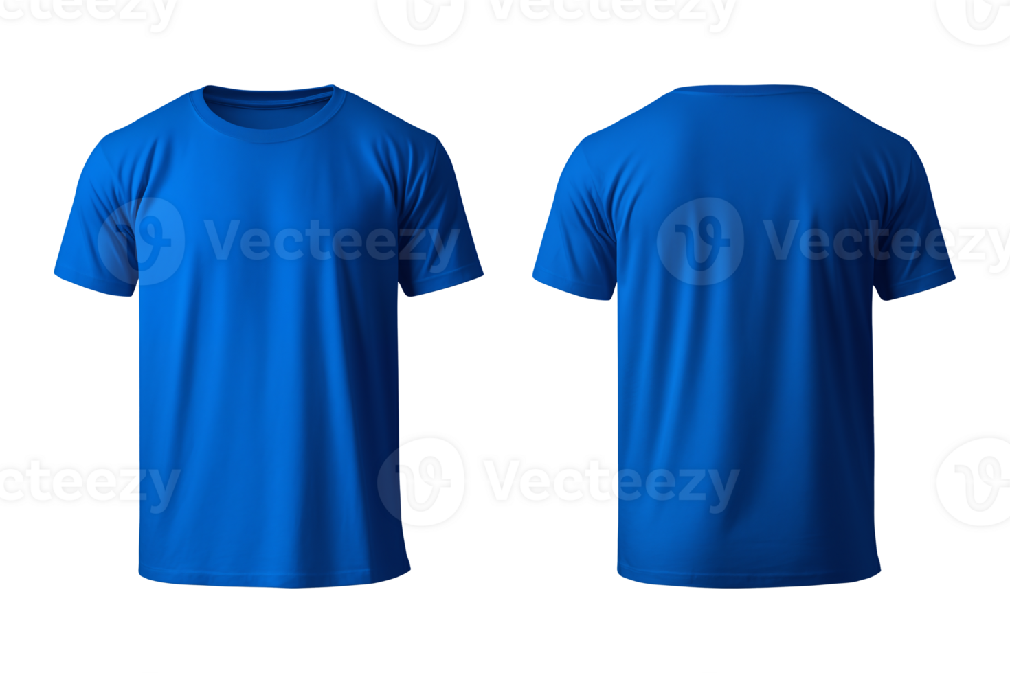 AI generated realistic set of male blue t-shirts mockup front and back view isolated on a transparent background, cut out png