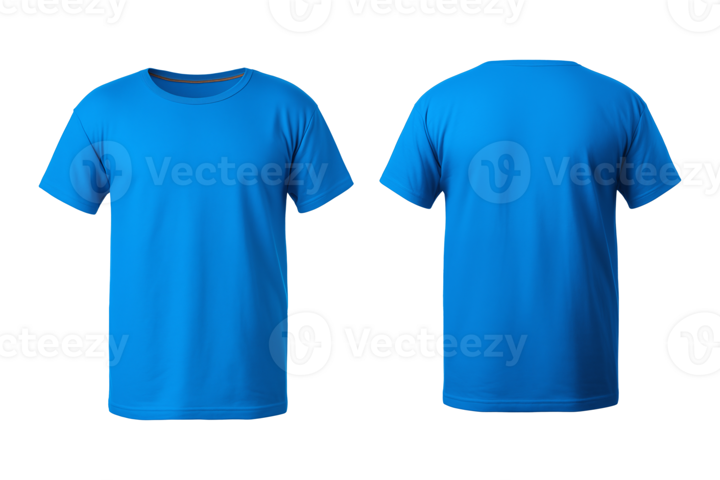 AI generated realistic set of male blue t-shirts mockup front and back view isolated on a transparent background, cut out png