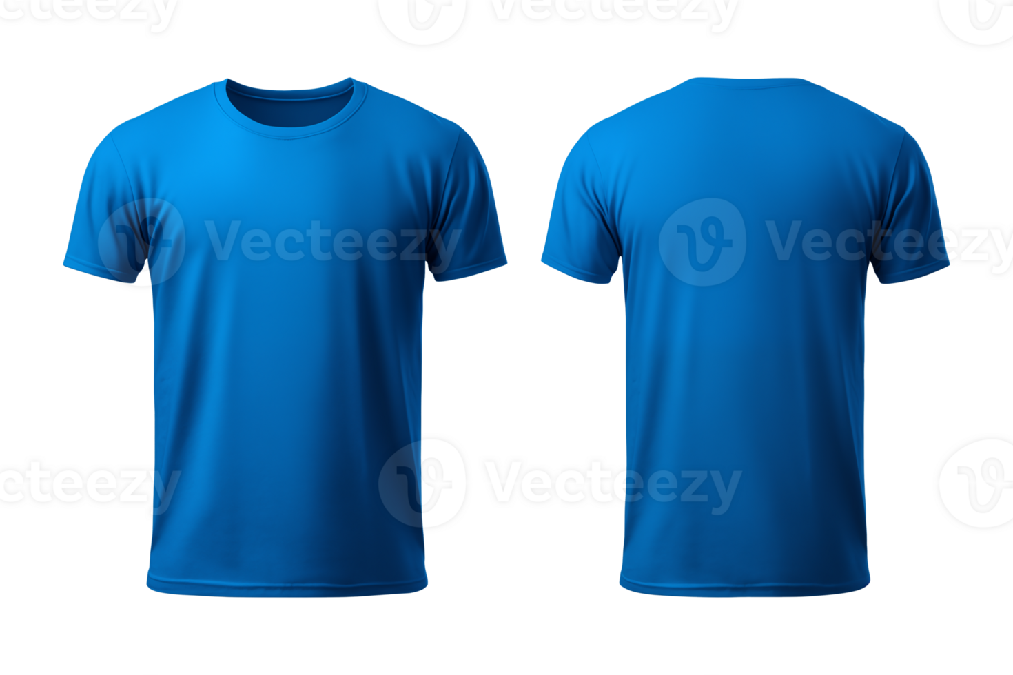 AI generated realistic set of male blue t-shirts mockup front and back view isolated on a transparent background, cut out png