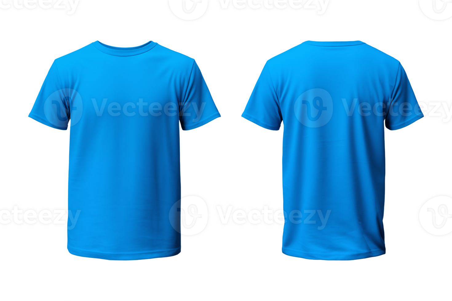 AI generated realistic set of male blue t-shirts mockup front and back view isolated on a transparent background, cut out png