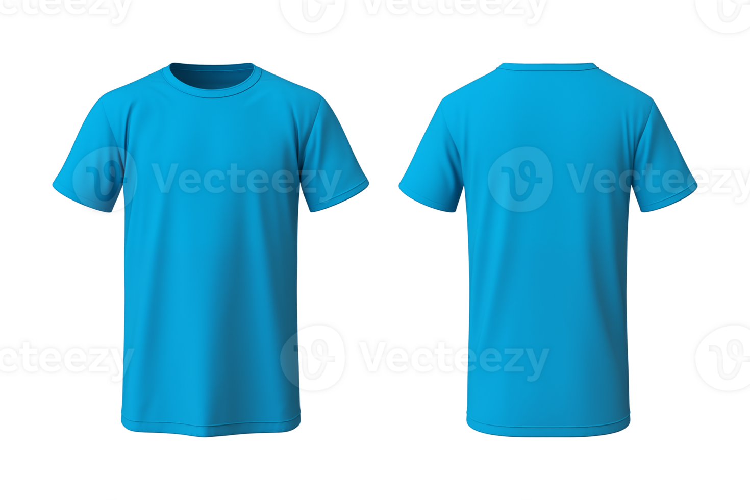 AI generated realistic set of male blue t-shirts mockup front and back view isolated on a transparent background, cut out png