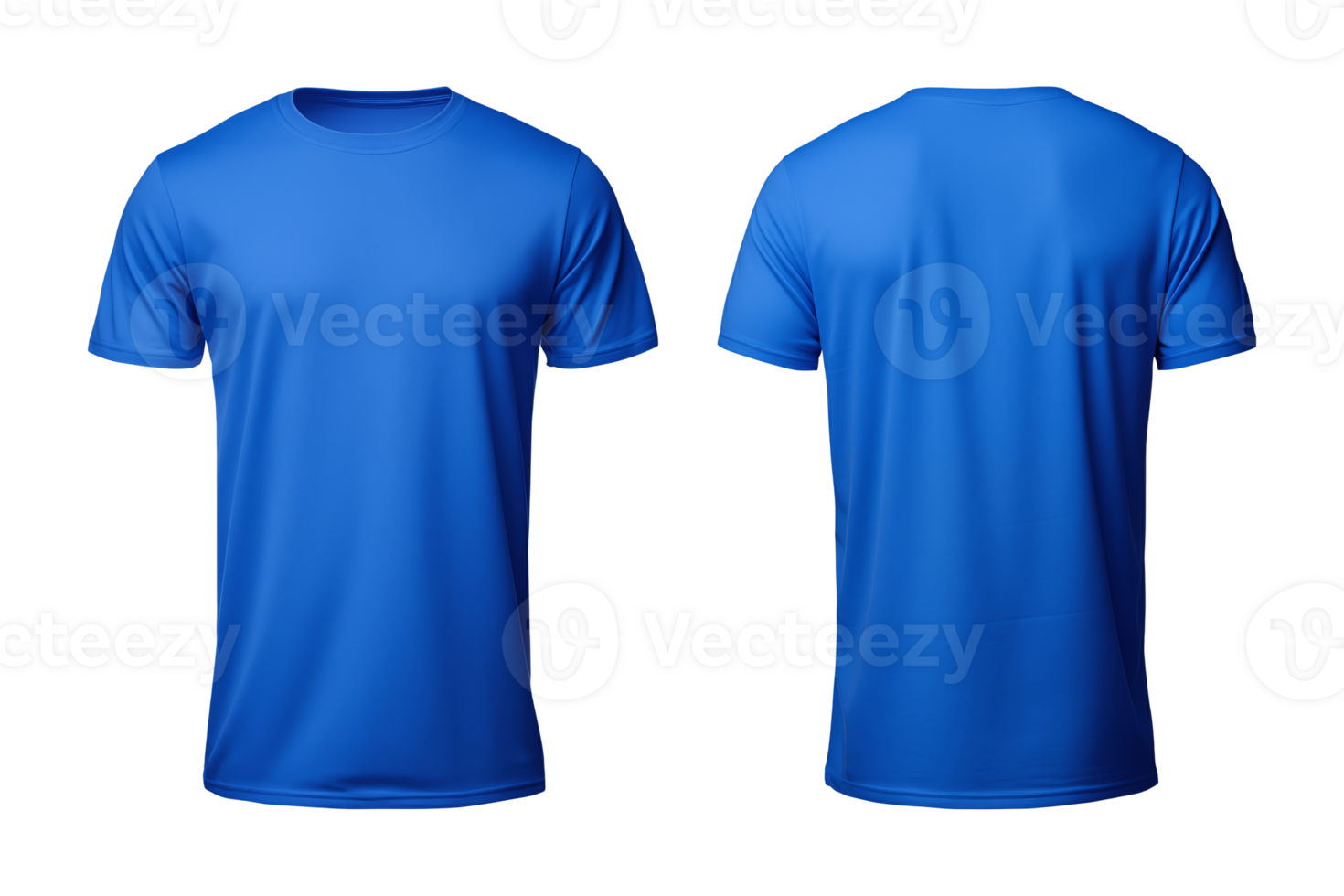 AI generated realistic set of male blue t-shirts mockup front and back view isolated on a transparent background, cut out png