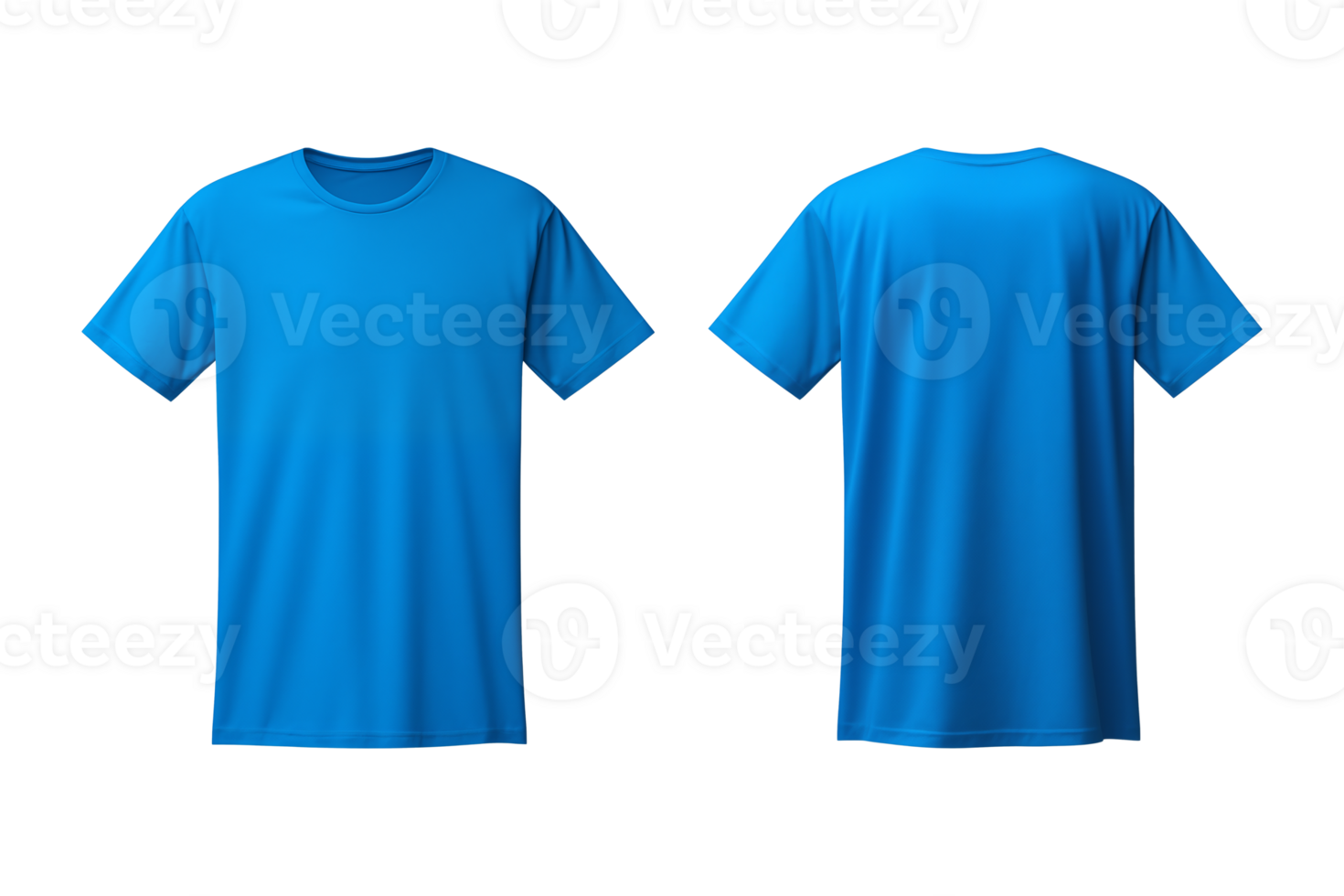 AI generated realistic set of male blue t-shirts mockup front and back view isolated on a transparent background, cut out png