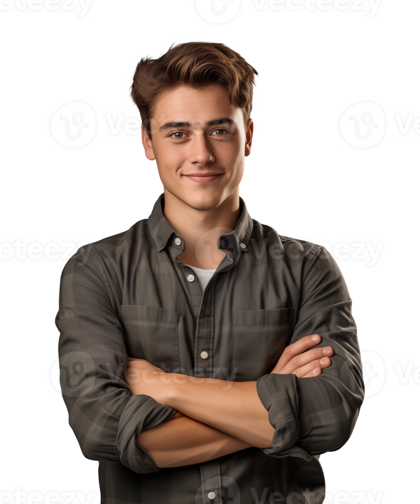 AI generated a young man standing with arms crossed facing the camera isolated on a transparent background png
