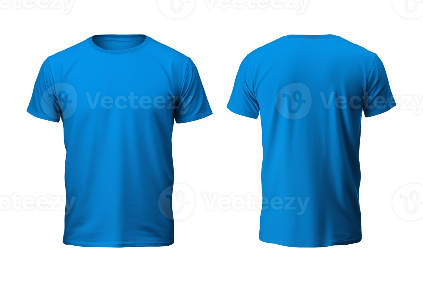 AI generated realistic set of male blue t-shirts mockup front and back view isolated on a transparent background, cut out png