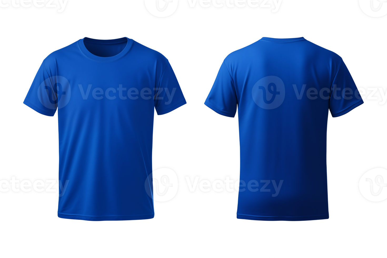 AI generated realistic set of male blue t-shirts mockup front and back view isolated on a transparent background, cut out png