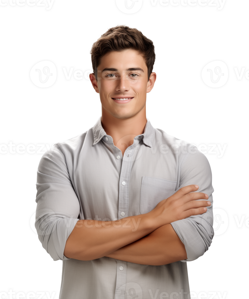 AI generated a young man standing with arms crossed facing the camera isolated on a transparent background png