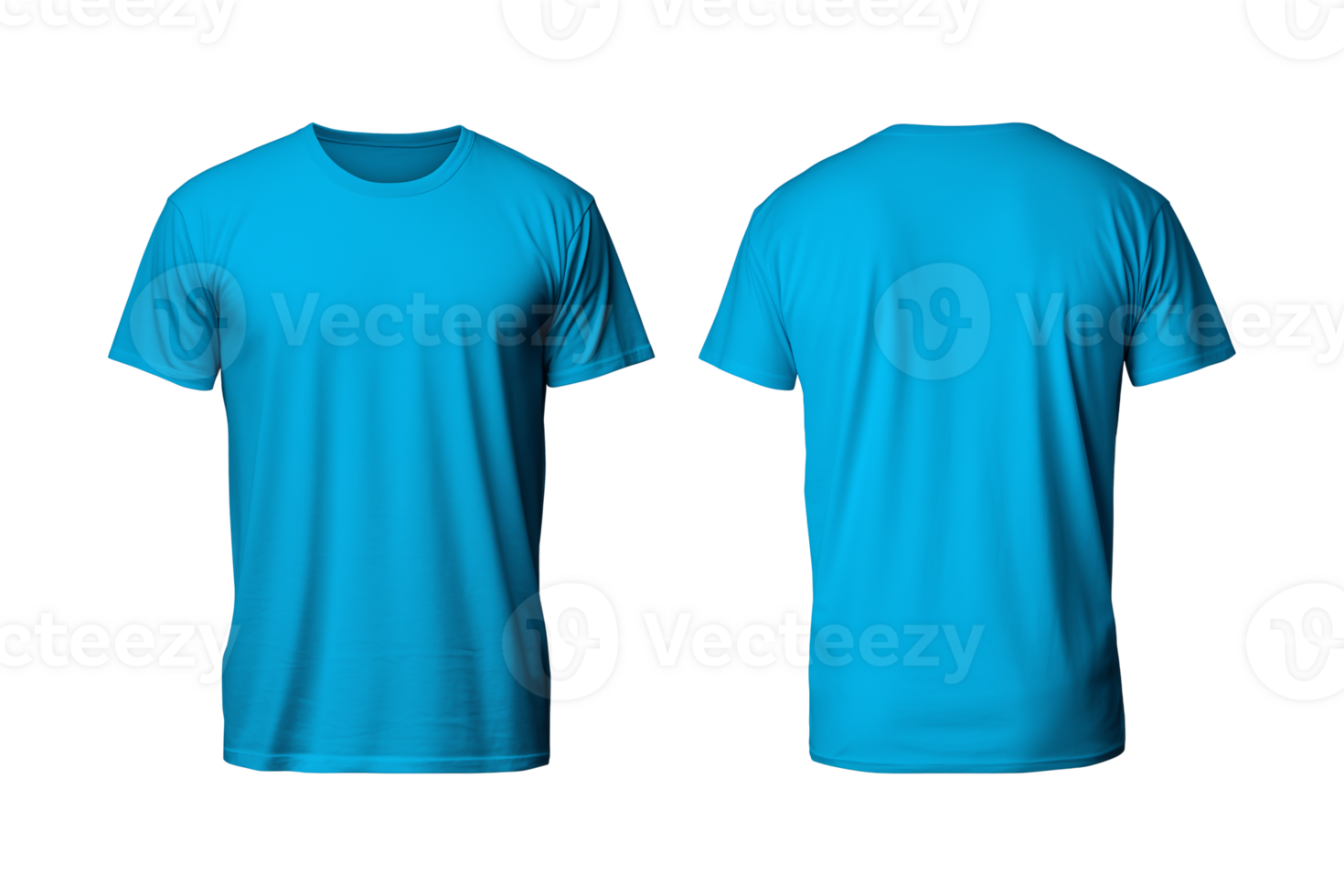 AI generated realistic set of male blue t-shirts mockup front and back view isolated on a transparent background, cut out png