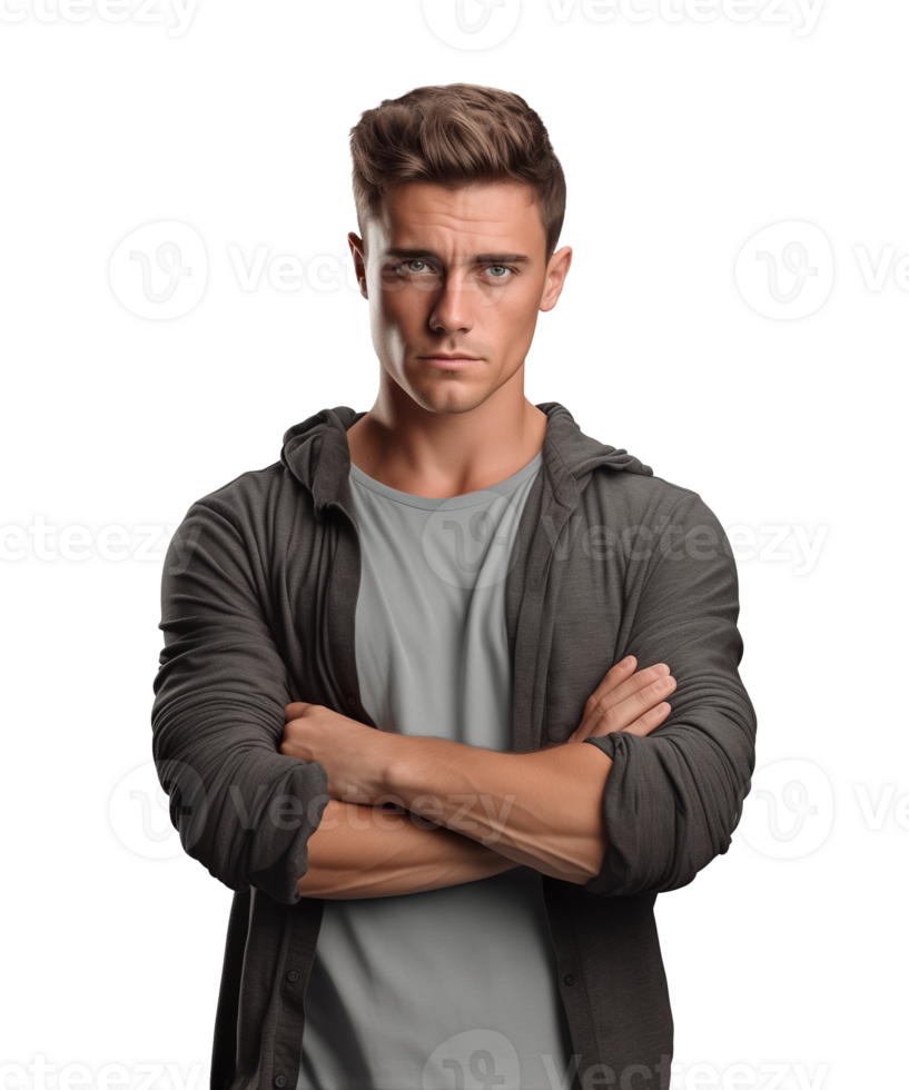 AI generated a young man standing with arms crossed facing the camera isolated on a transparent background png