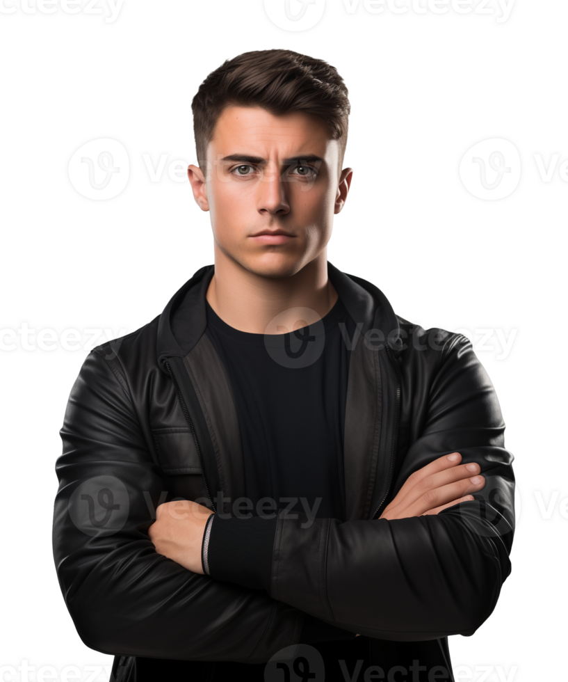AI generated a young man standing with arms crossed facing the camera isolated on a transparent background png