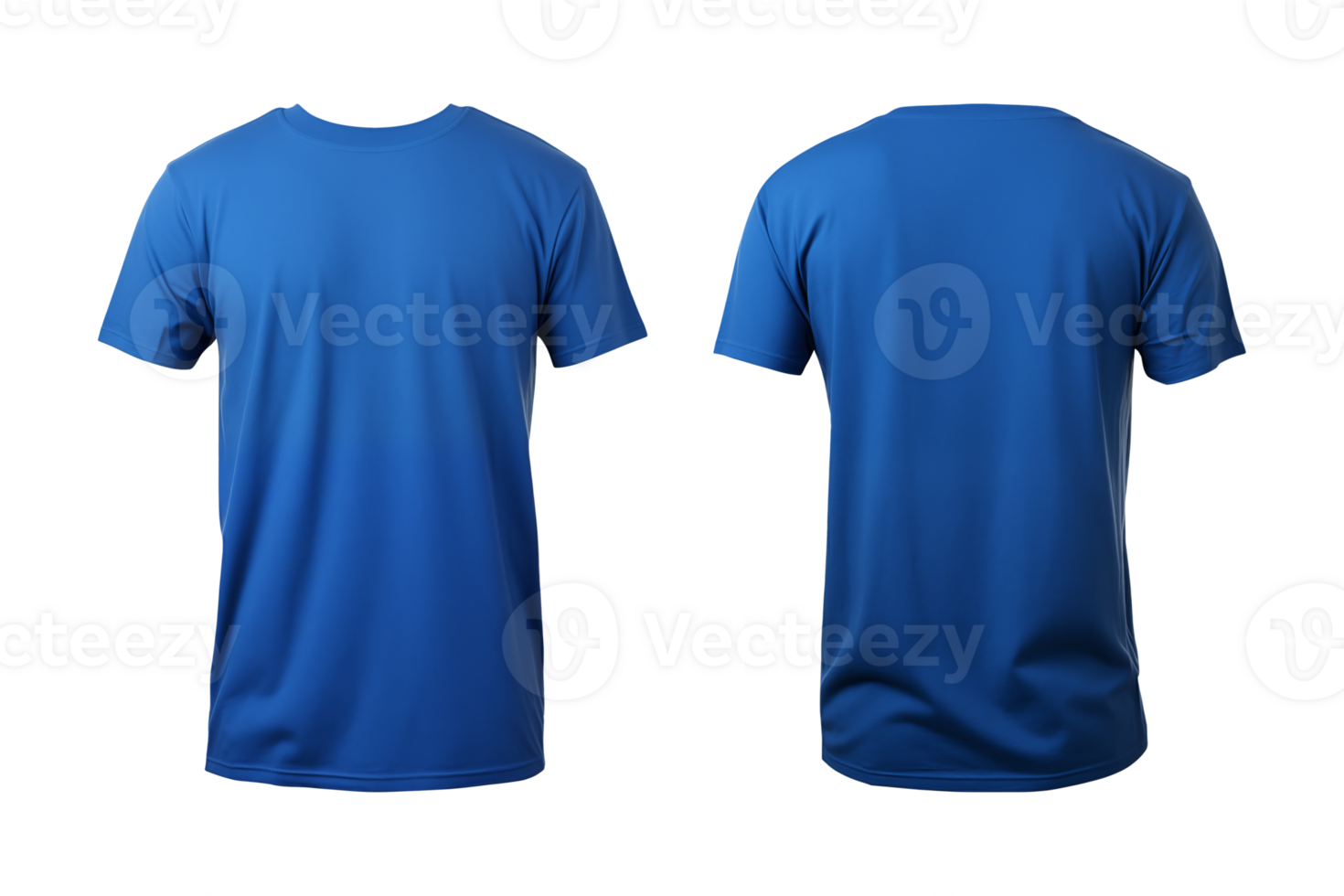 AI generated realistic set of male blue t-shirts mockup front and back view isolated on a transparent background, cut out png