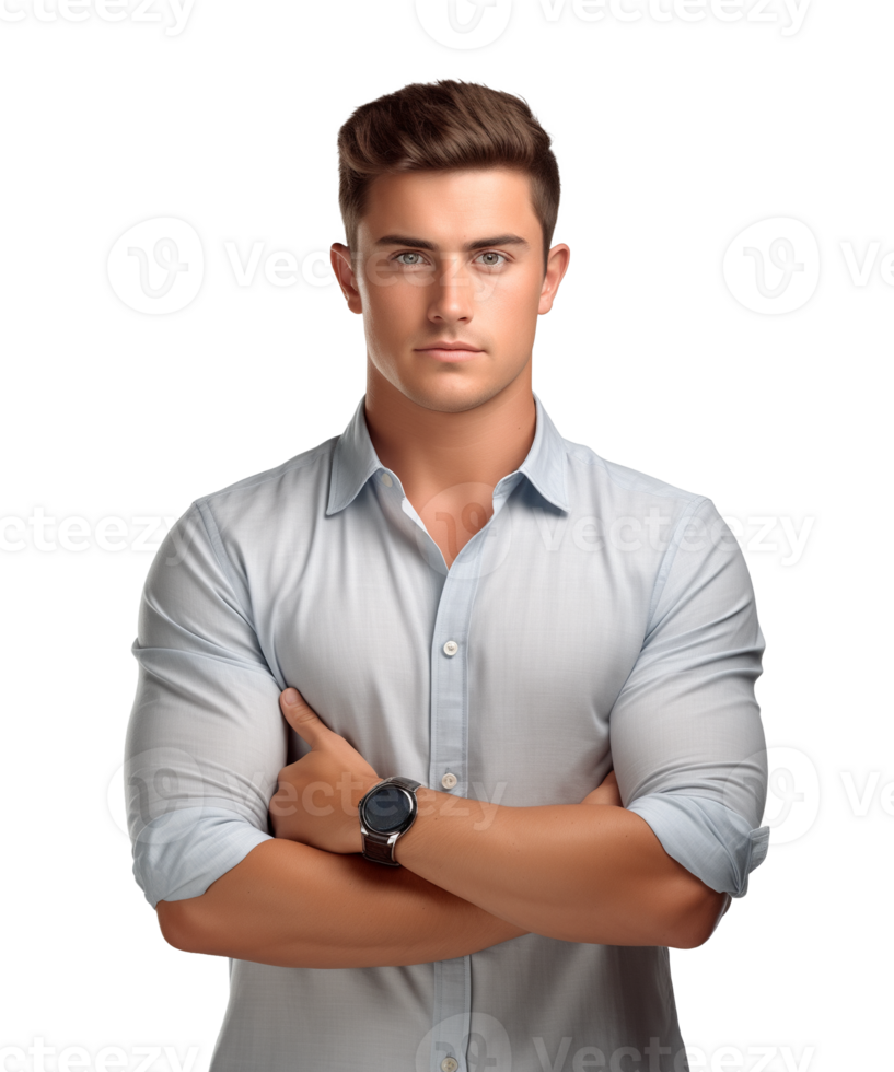 AI generated a young man standing with arms crossed facing the camera isolated on a transparent background png