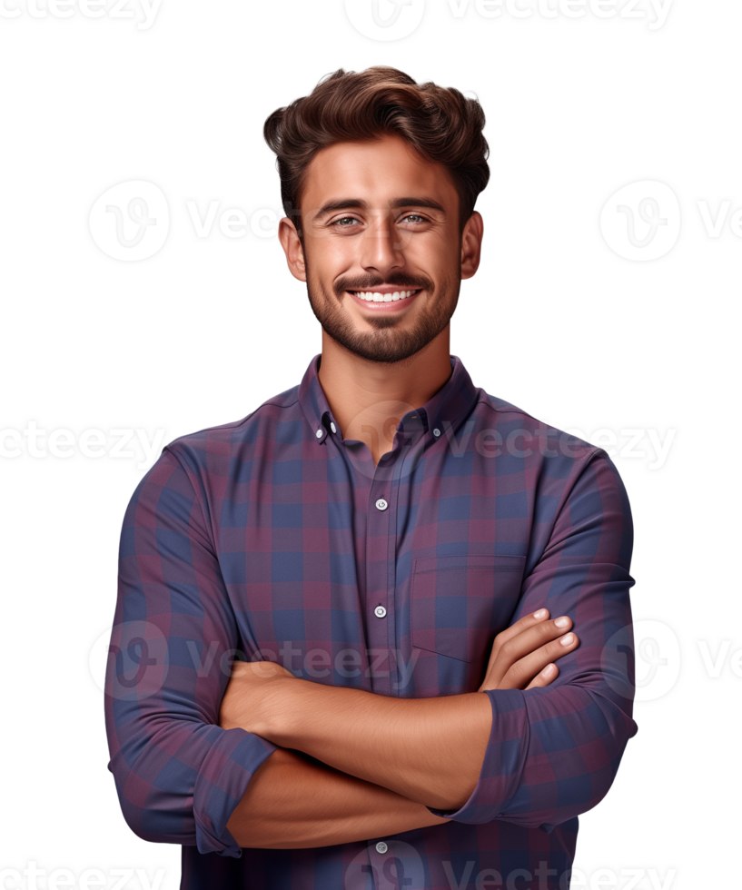 AI generated a young man standing with arms crossed facing the camera isolated on a transparent background png