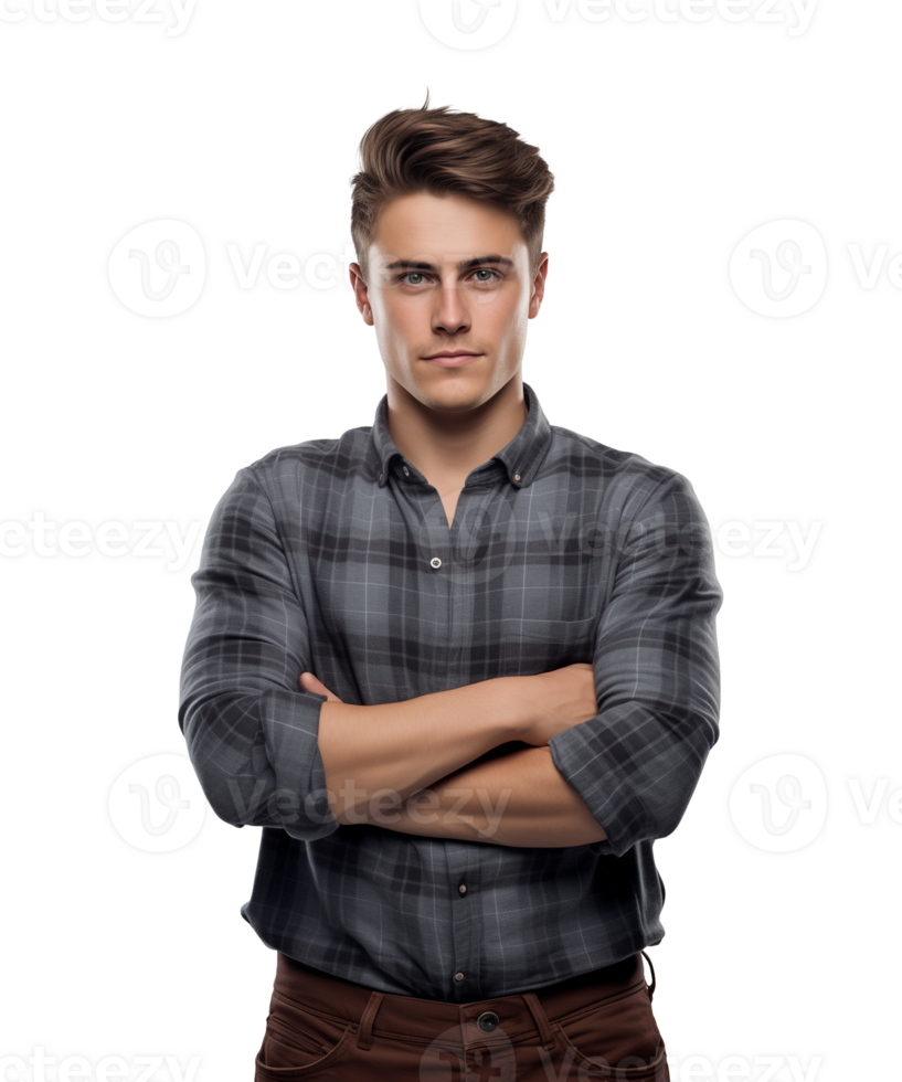 AI generated a young man standing with arms crossed facing the camera isolated on a transparent background png