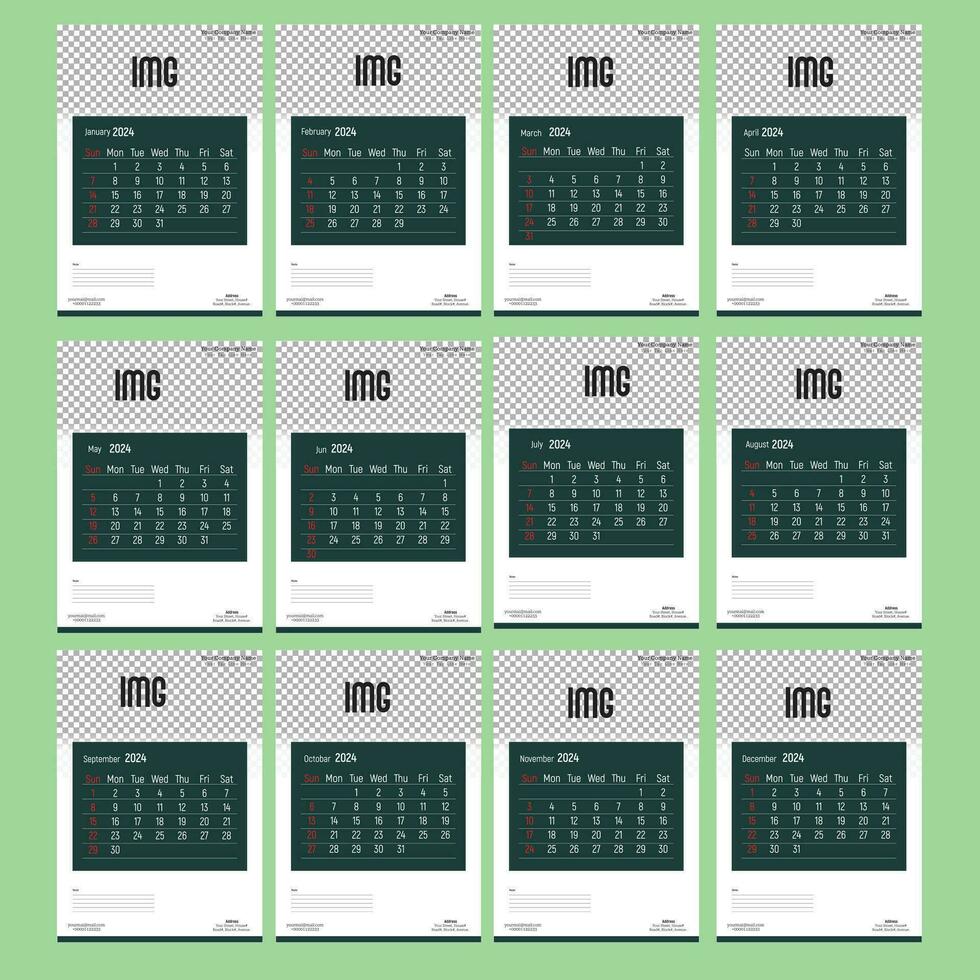 Creative 12 page calendar Design for the year 2024 , Week Starts on Sunday. vector