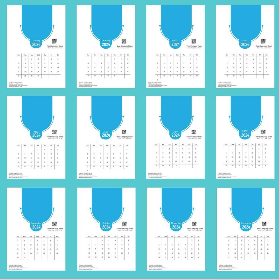 Calendar 2024 week start Sunday corporate design planner template. Calendar planner A4. vector