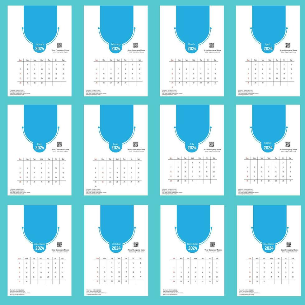 Calendar 2024 week start Sunday corporate design planner template. Calendar planner A4. vector