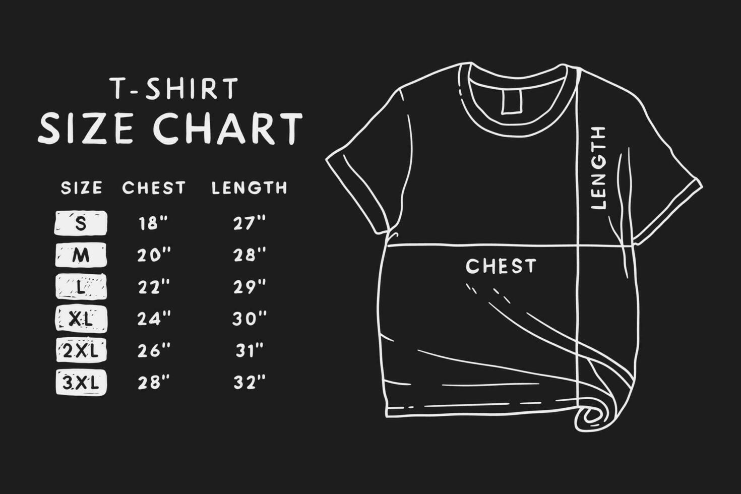 Black and white line drawing of a t-shirt size chart vector