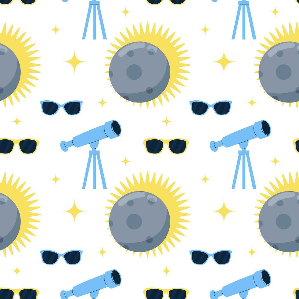 Seamless pattern with Telescope and lunar solar eclipse in flat cartoon style. Vector pattern