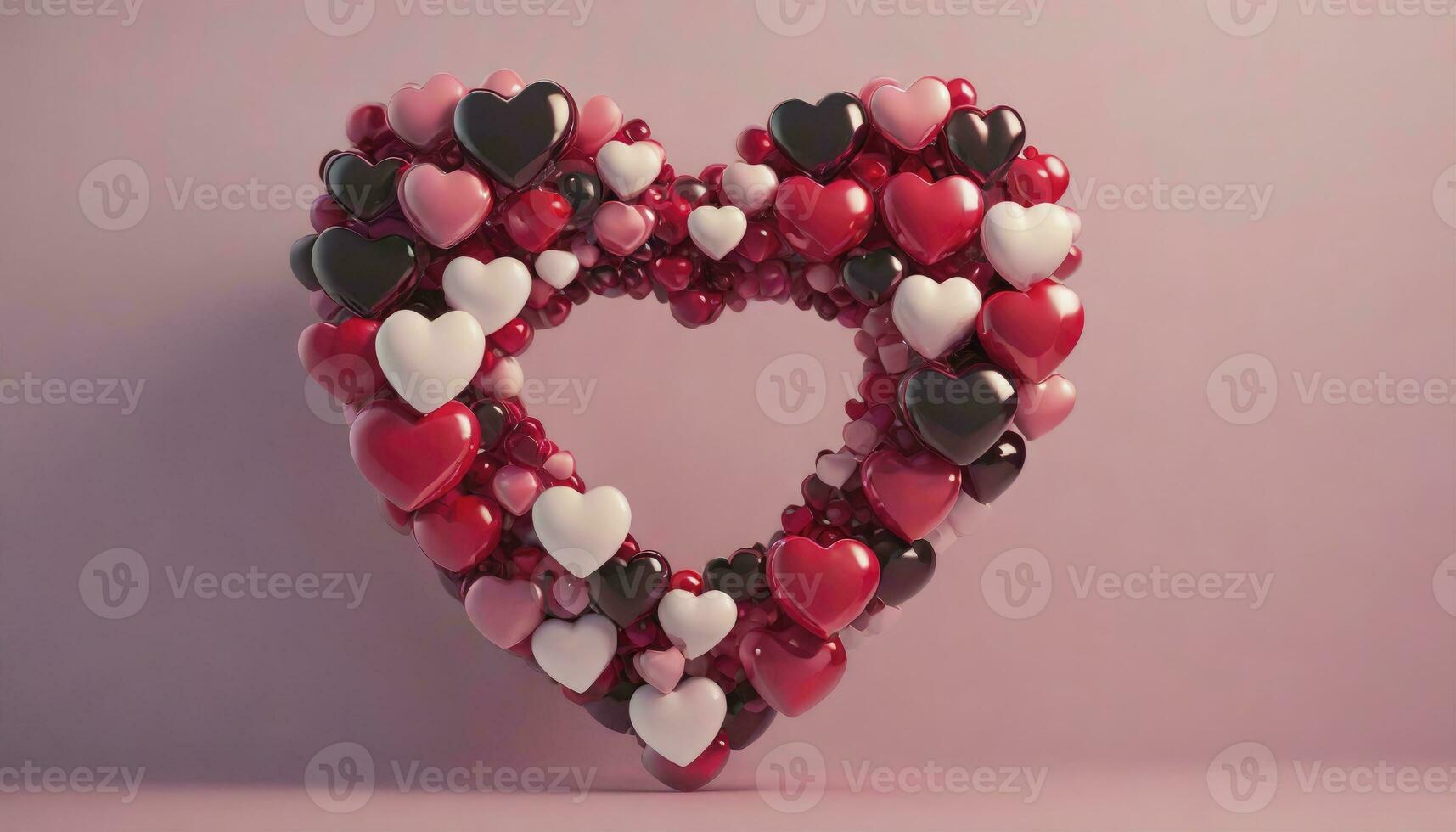 AI generated Heart of Spheres. A Multicolored Composition of Pink, Red Glass, and Metallic Spheres Forming a Heart Shape, Crafted in a 3D Rendered Display of Love and Harmony. photo