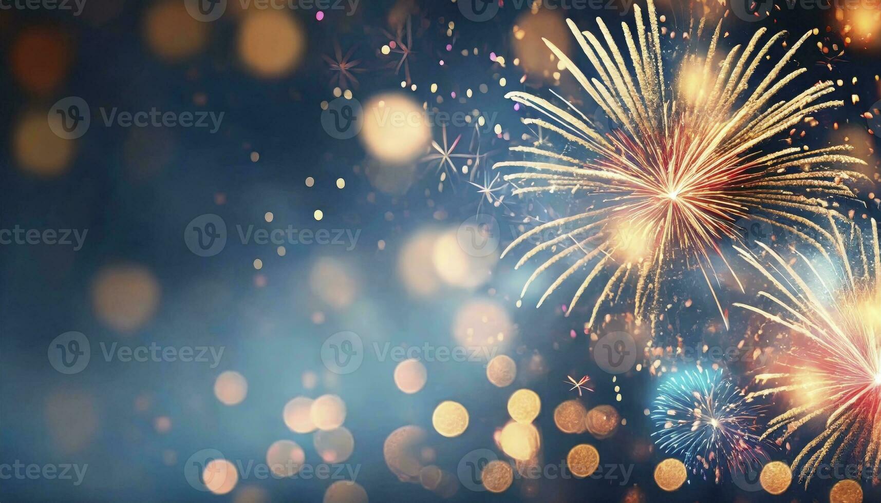 AI generated Radiant Celebration. Gold and Blue Fireworks Illuminate the New Year Eve Sky, Creating a Spectacular Display of Bokeh and Joyful Illumination with Ample Copy Space for Holiday Wishes. photo