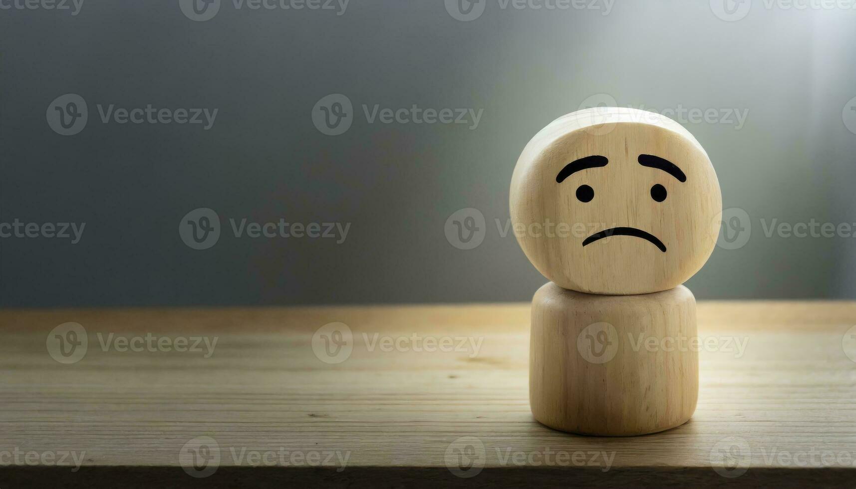 AI generated A wooden toy with sad face alone concept of loneliness and depression, unrequited love, parting or divorce photo