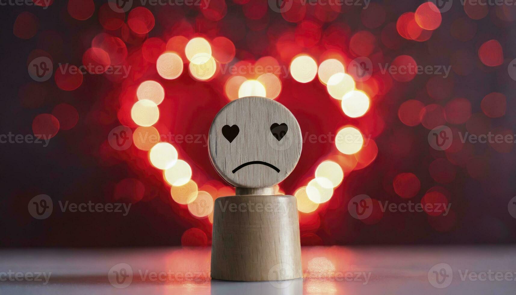AI generated A wooden toy with sad face alone against a red light heart shape background concept of loneliness and depression, unrequited love, parting or divorce photo