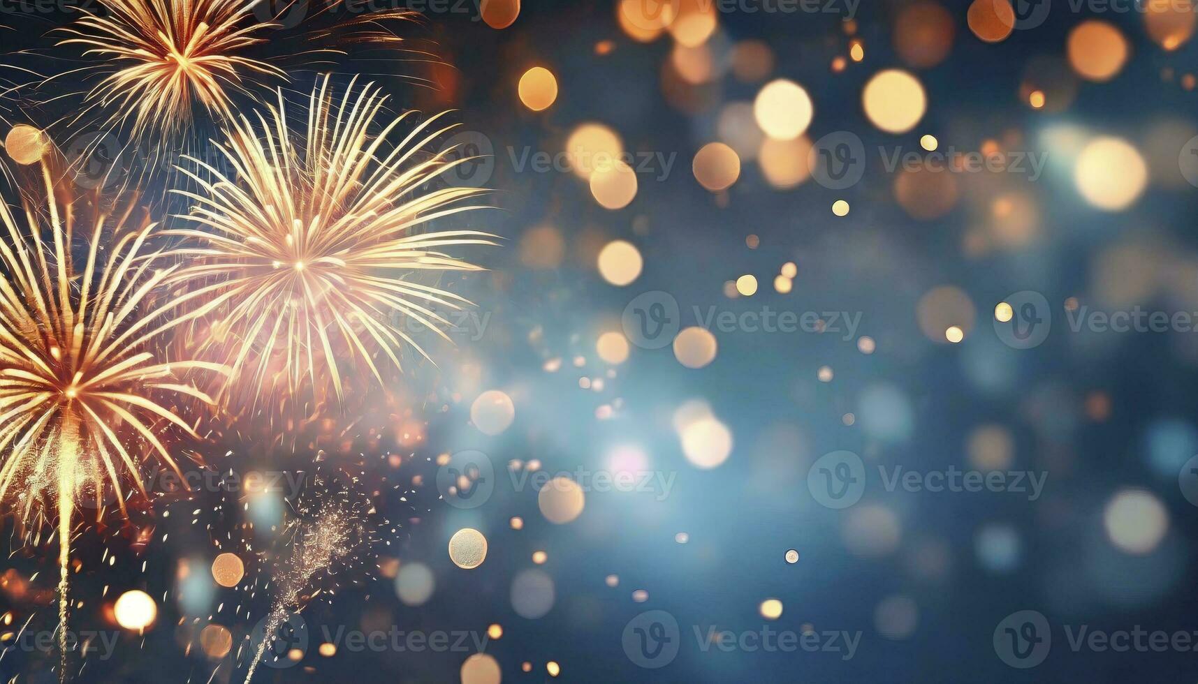 AI generated Radiant Celebration. Gold and Blue Fireworks Illuminate the New Year Eve Sky, Creating a Spectacular Display of Bokeh and Joyful Illumination with Ample Copy Space for Holiday Wishes. photo