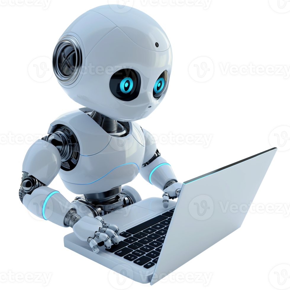 AI generated Robot works using laptop, 3d design. Suitable for technology and science png