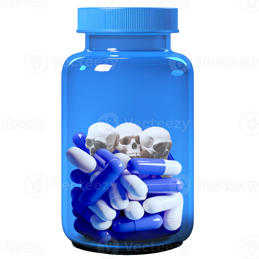 ai generato medicina vaso con capsula pillole e cranio, 3d design. adatto per Salute e antidroga png