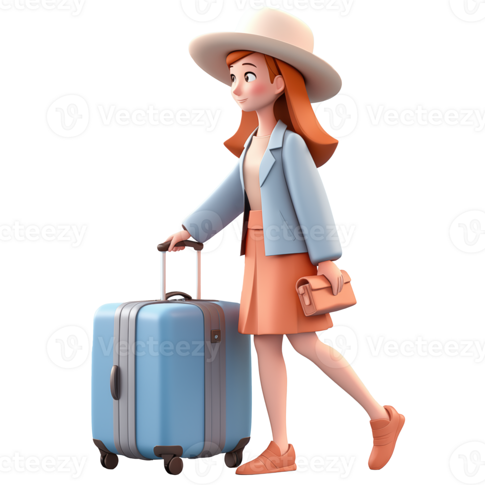 AI generated Traveling woman carrying a suitcase, 3d design. Suitable for vacation and traveling png