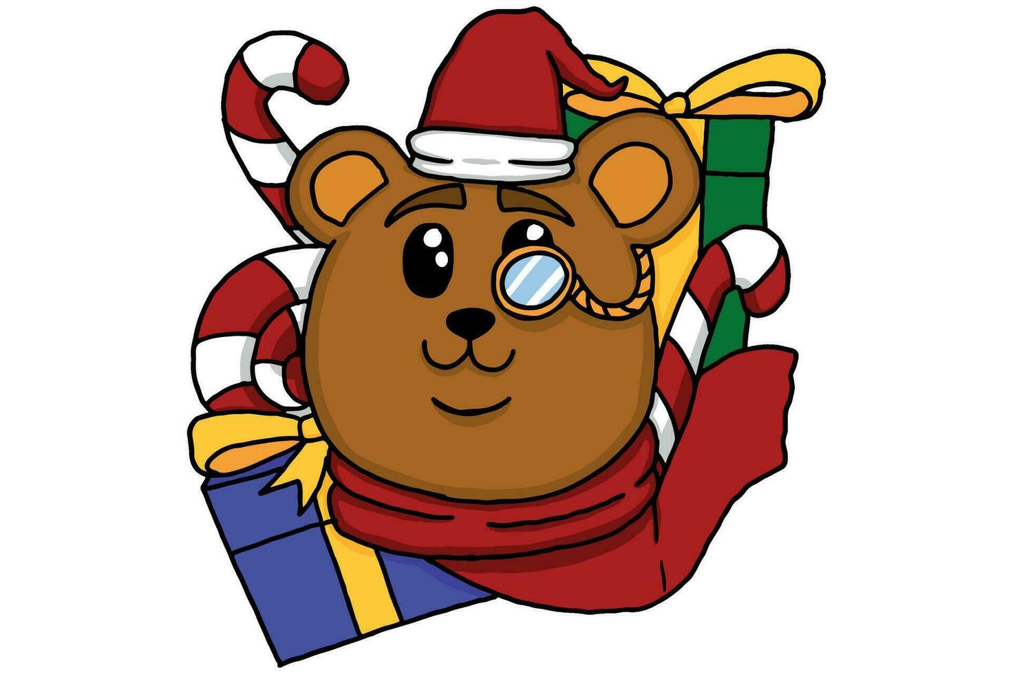 Navidad - oso rodeado por regalos y caramelo vector