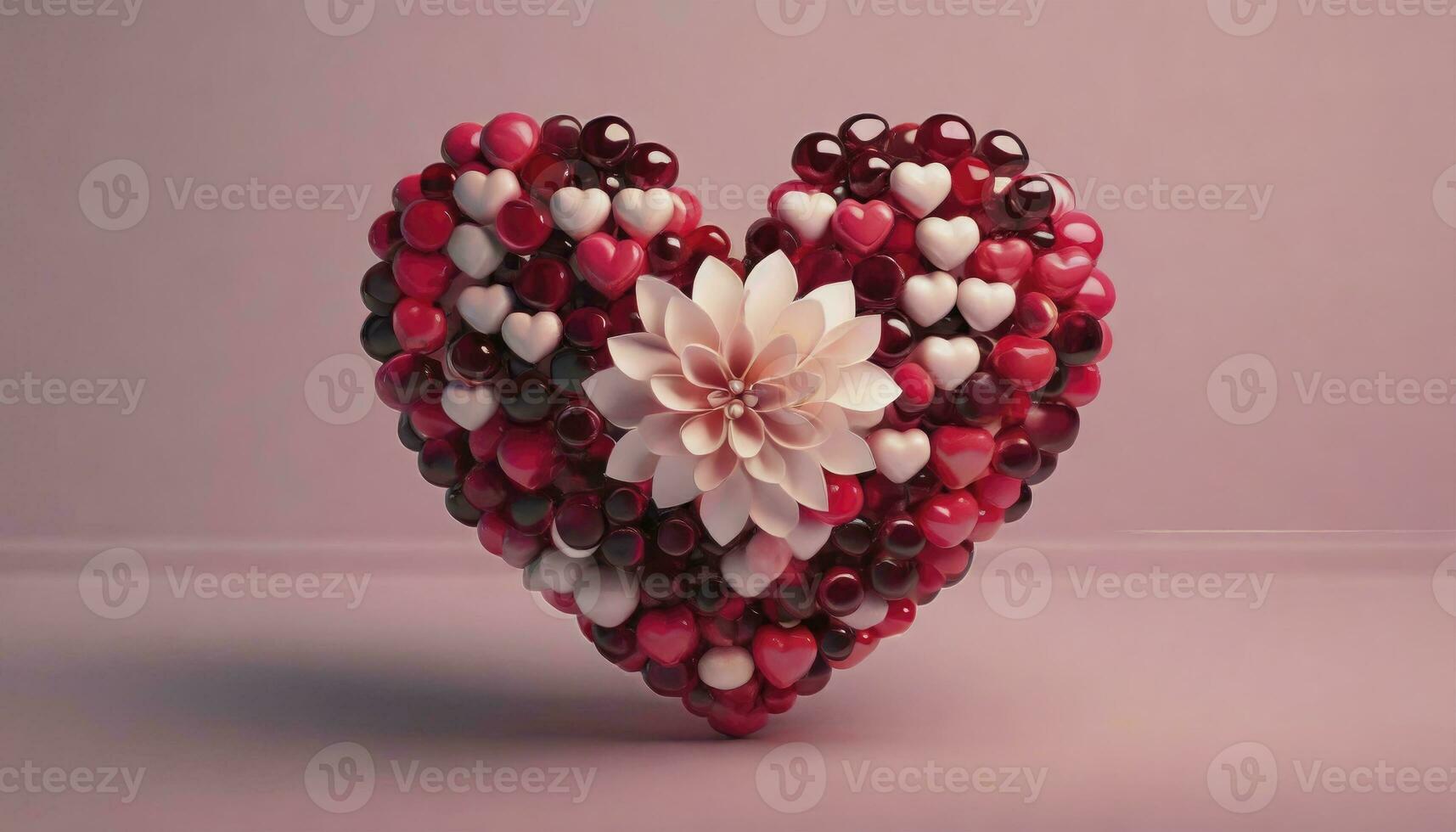 AI generated Heart of Spheres. A Multicolored Composition of Pink, Red Glass, and Metallic Spheres Forming a Heart Shape, Crafted in a 3D Rendered Display of Love and Harmony. photo