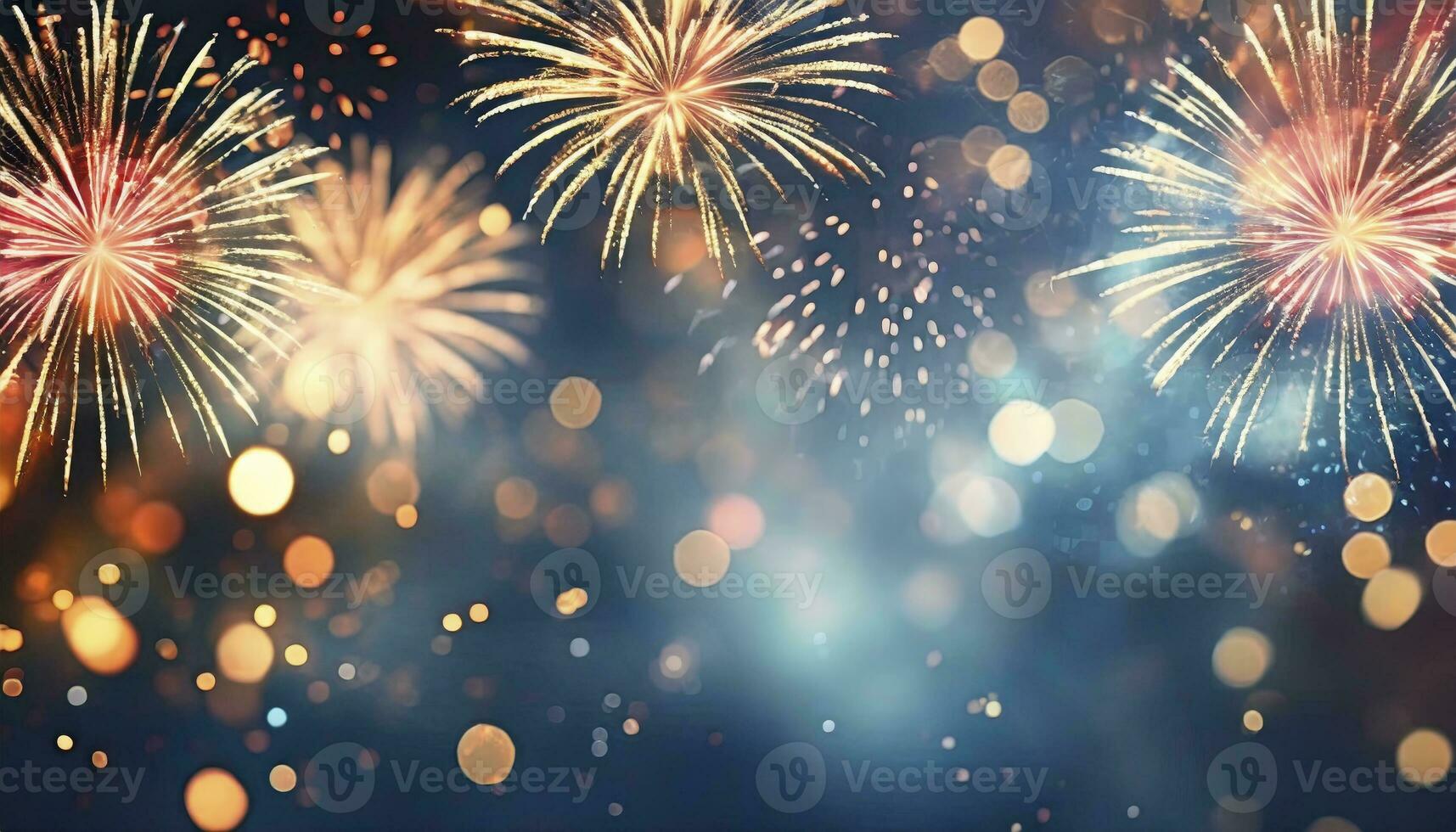 AI generated Radiant Celebration. Gold and Blue Fireworks Illuminate the New Year Eve Sky, Creating a Spectacular Display of Bokeh and Joyful Illumination with Ample Copy Space for Holiday Wishes. photo