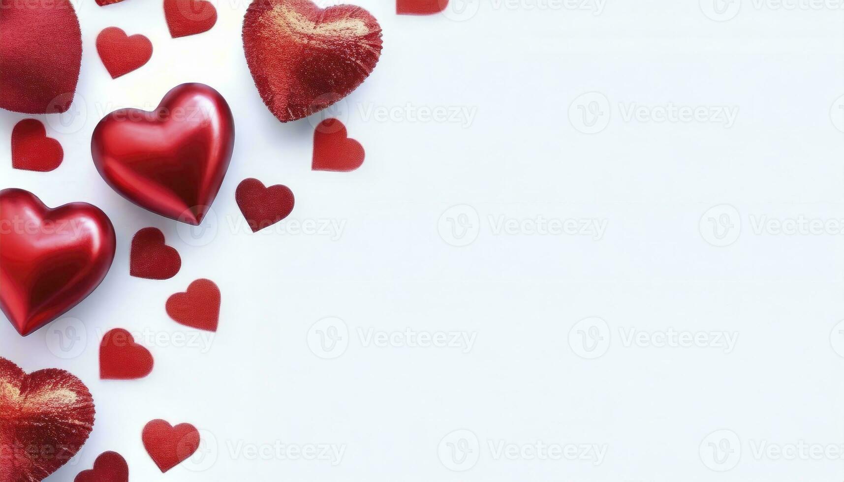AI generated Valentine's Day, Mother's Day, or Women's Day greeting card, banner, or poster template. The background features festive red hearts haped decorations and a space for text design. photo