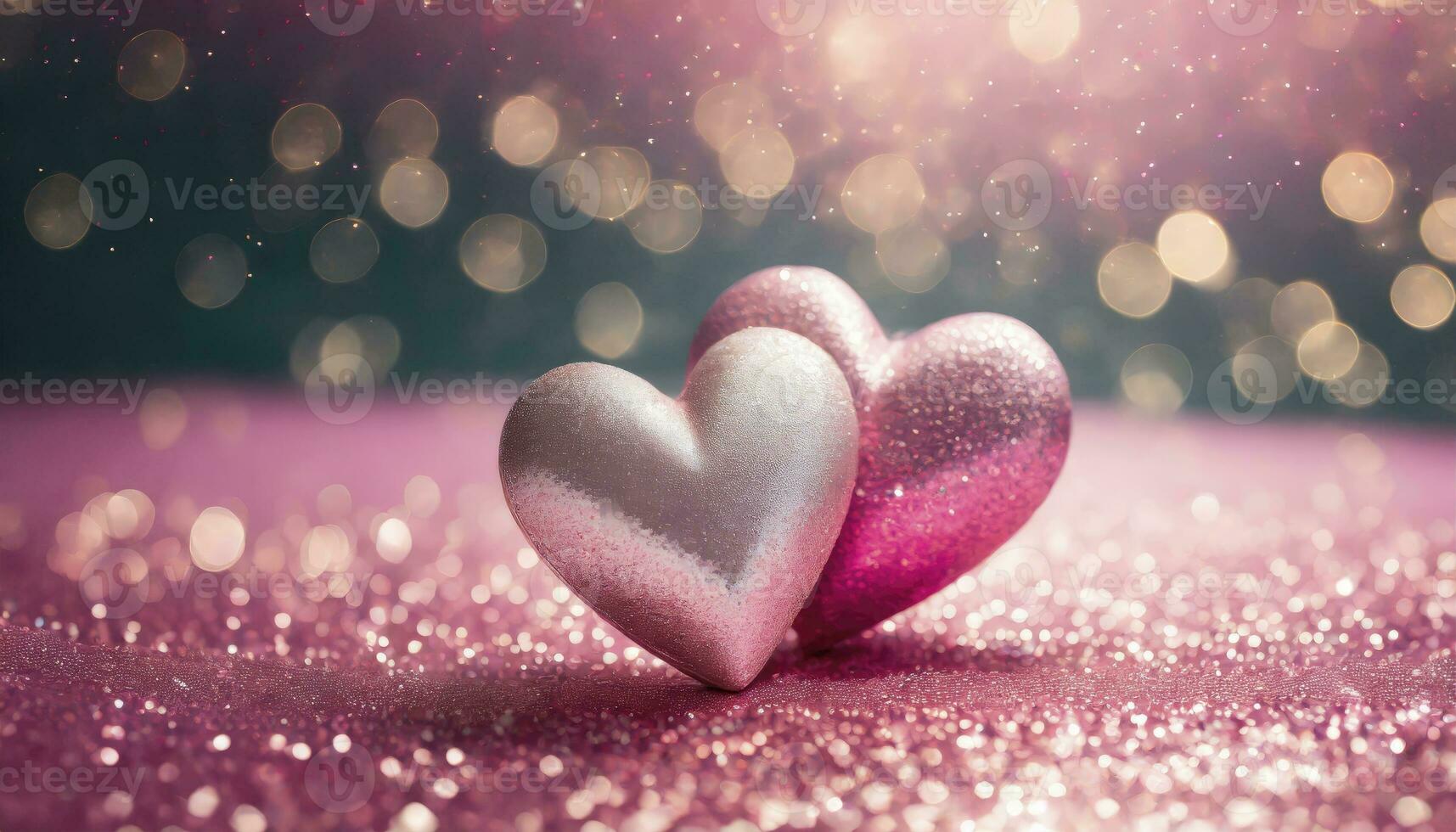 AI generated Two Hearts on Pink Glitter in a Shiny Background. Valentine's Day Concept. photo