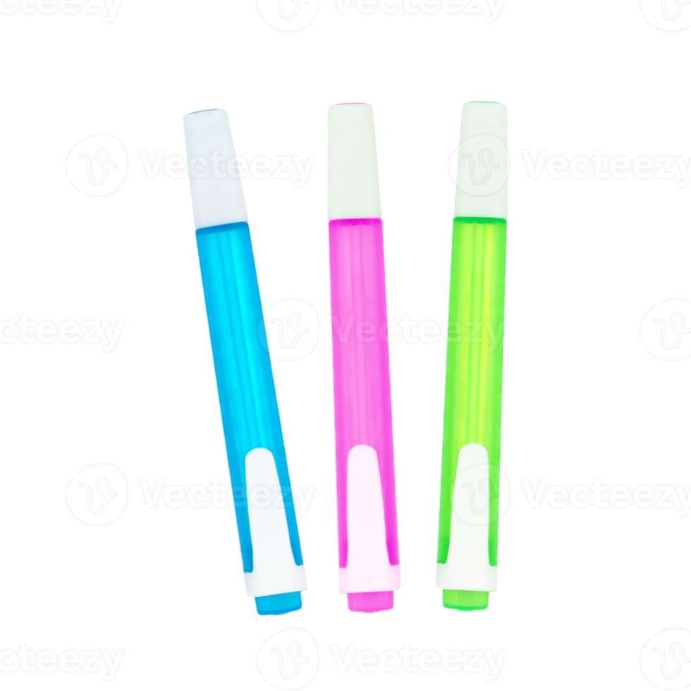 Marker pens or highlighters in blue, pink, and green with the background cut out. Top view of stationery object on white or transparent background. png