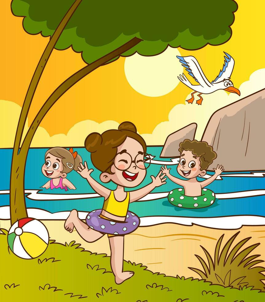 niños jugando en el playa dibujos animados vector ilustración. verano vacaciones concepto.
