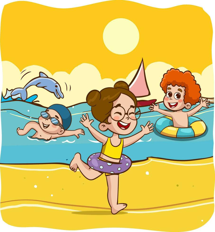 Children playing on the beach cartoon vector illustration. Summer vacation concept.