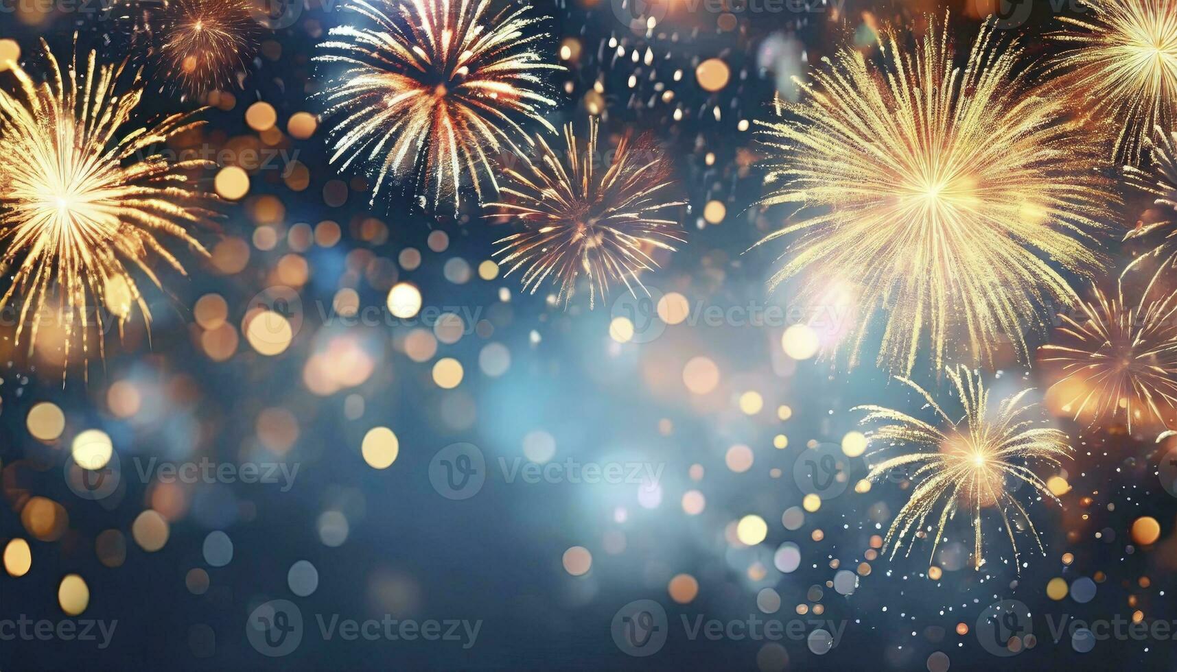 AI generated Radiant Celebration. Gold and Blue Fireworks Illuminate the New Year Eve Sky, Creating a Spectacular Display of Bokeh and Joyful Illumination with Ample Copy Space for Holiday Wishes. photo
