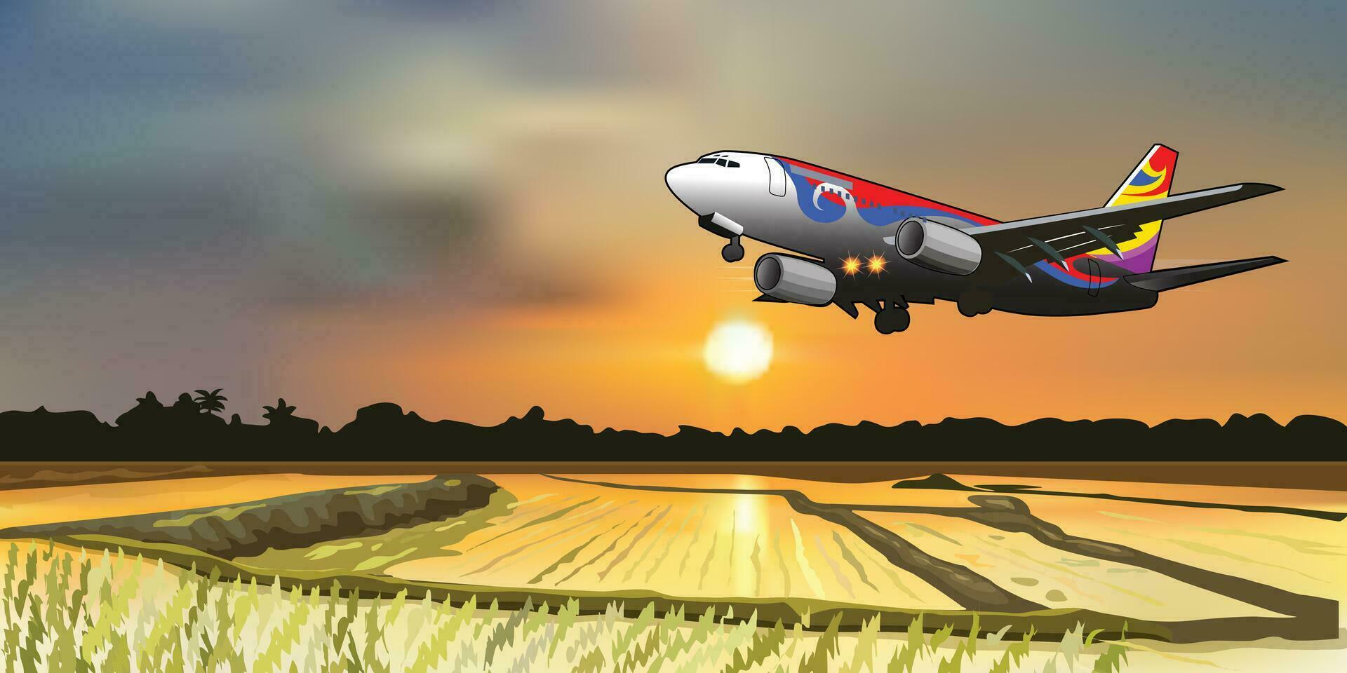 airline flying over rice field vector landscape with sunset in the background.