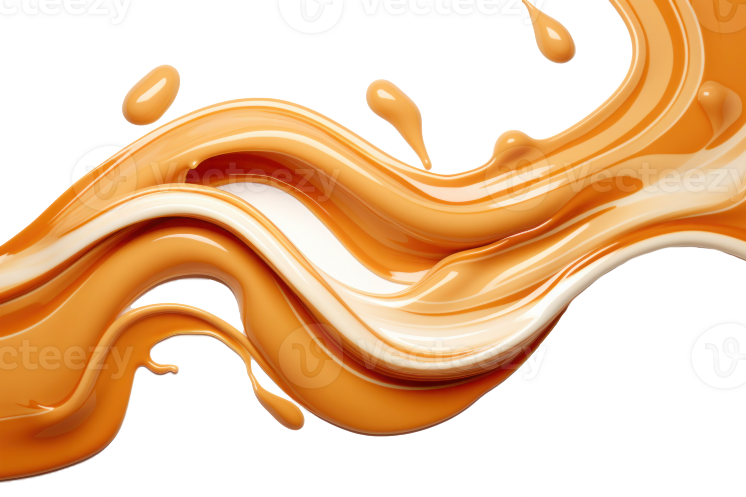 AI generated Splash of melted caramel sauce isolated on transparent background. Brown toffee wave splashing with droplets. Tasty confectionary png