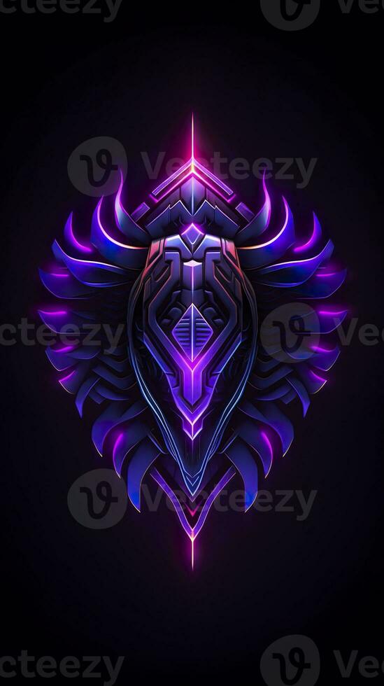 AI generated Amethyst 3D Minimalist Shield Design with a black or dark background with neon lines. AI Generative photo