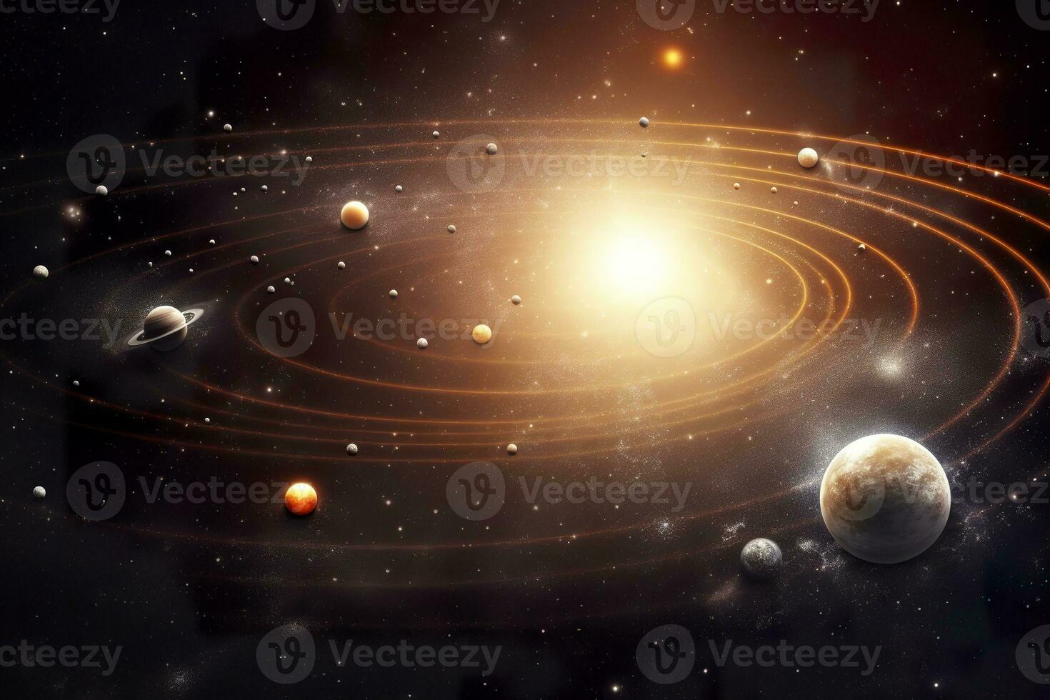 AI generated Our 3d Solar system with planets in orbits path. AI Generative photo