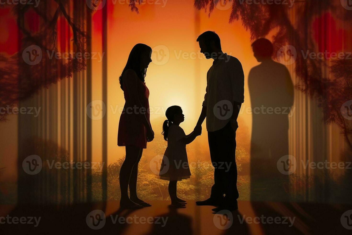 AI generated Shadow of Happy family together, parents with their little baby at sunset. A Silhouette of Love and Unity. AI Generative photo